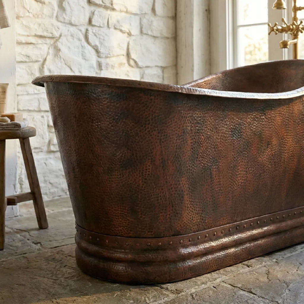 Vintage Hammered Copper Freestanding Bathtub - Rustic Farmhouse Soaking TubVintage Hammered Copper Freestanding Bathtub 