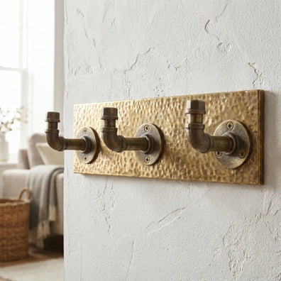 Antique Brass Pipe Coat & Towel Hooks on Hammered BackplateAntique Brass Pipe Coat & Towel Hooks on Hammered Backplate