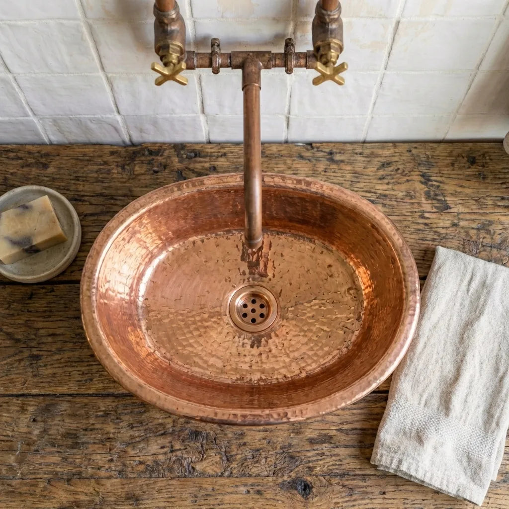 Hammered Copper Oval Vessel Sink – Rustic Tub Style Bathroom Wash Basin