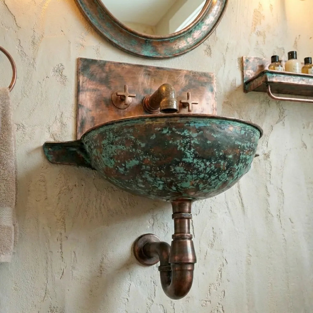 Oxidized Copper Wall Mounted Bathroom Sink With Mixer Faucet