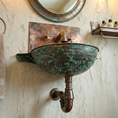 Oxidized Copper Wall Mounted Bathroom Sink With Mixer FaucetOxidized Copper Wall Mount Sink| Eco-Friendly & Long-Lasting
