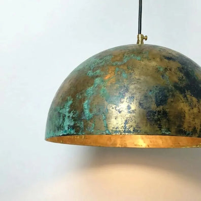 Rustic Brass Pendant Lamp with Green Verdigris Finish - Artisan Ceiling LightRustic Brass Pendant Light with Green Verdigris Finish 