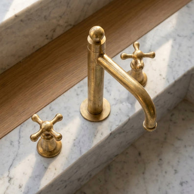 Unlacquered Brass Widespread Faucet - Classic Cross-Handle Bathroom TapUnlacquered Brass Widespread Bathroom Faucet - Classic Cross Handles