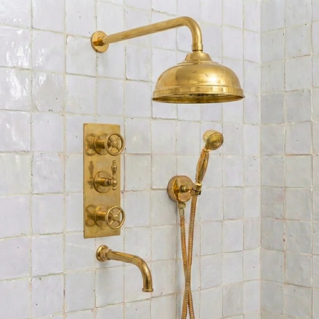 Classic Heritage Brass Wall Mount Shower – Rain Head & Handheld