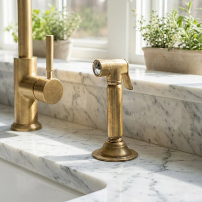 Unlacquered Brass Sink Side SprayerUnlacquered Brass Sink Side Sprayer | Timeless Kitchen Upgrade