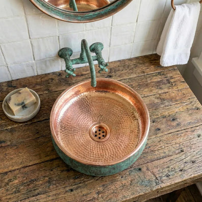 Hammered Copper Vessel Sink - Oxidized Verdigris Bathroom BasinHandmade Copper Clawfoot Bathtub - Verdigris Freestanding Luxury Tub