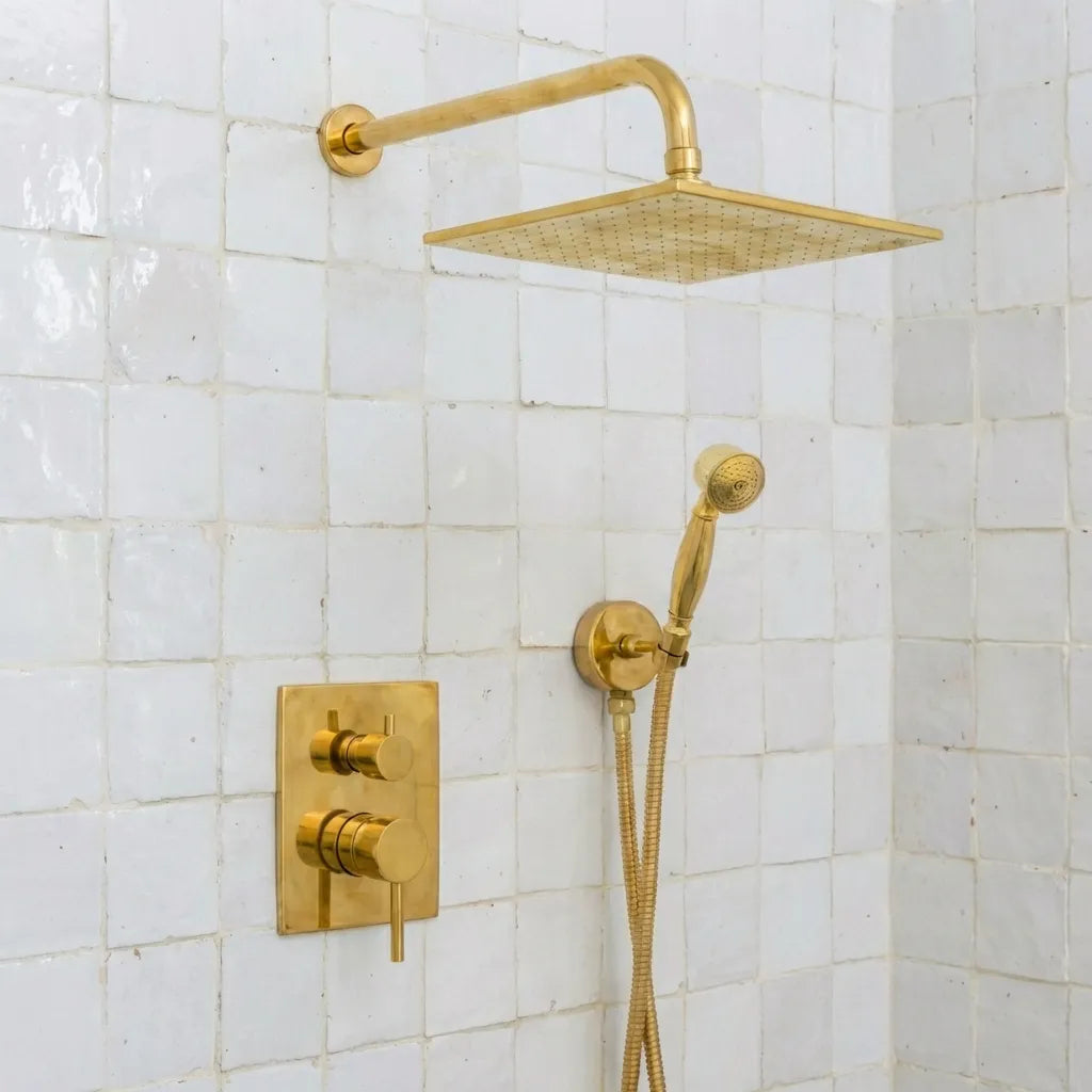 Luxury Unlacquered Brass Rain Shower System - Wall Mounted with Handheld SprayerLuxury Unlacquered Brass Rain Shower System Wall Mounted with Handheld