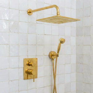 Luxury Unlacquered Brass Rain Shower System - Wall Mounted with Handheld SprayerLuxury Unlacquered Brass Rain Shower System Wall Mounted with Handheld