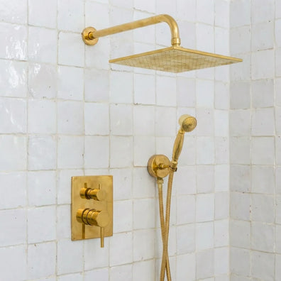 Luxury Unlacquered Brass Rain Shower System - Wall Mounted with Handheld SprayerLuxury Unlacquered Brass Rain Shower System Wall Mounted with Handheld
