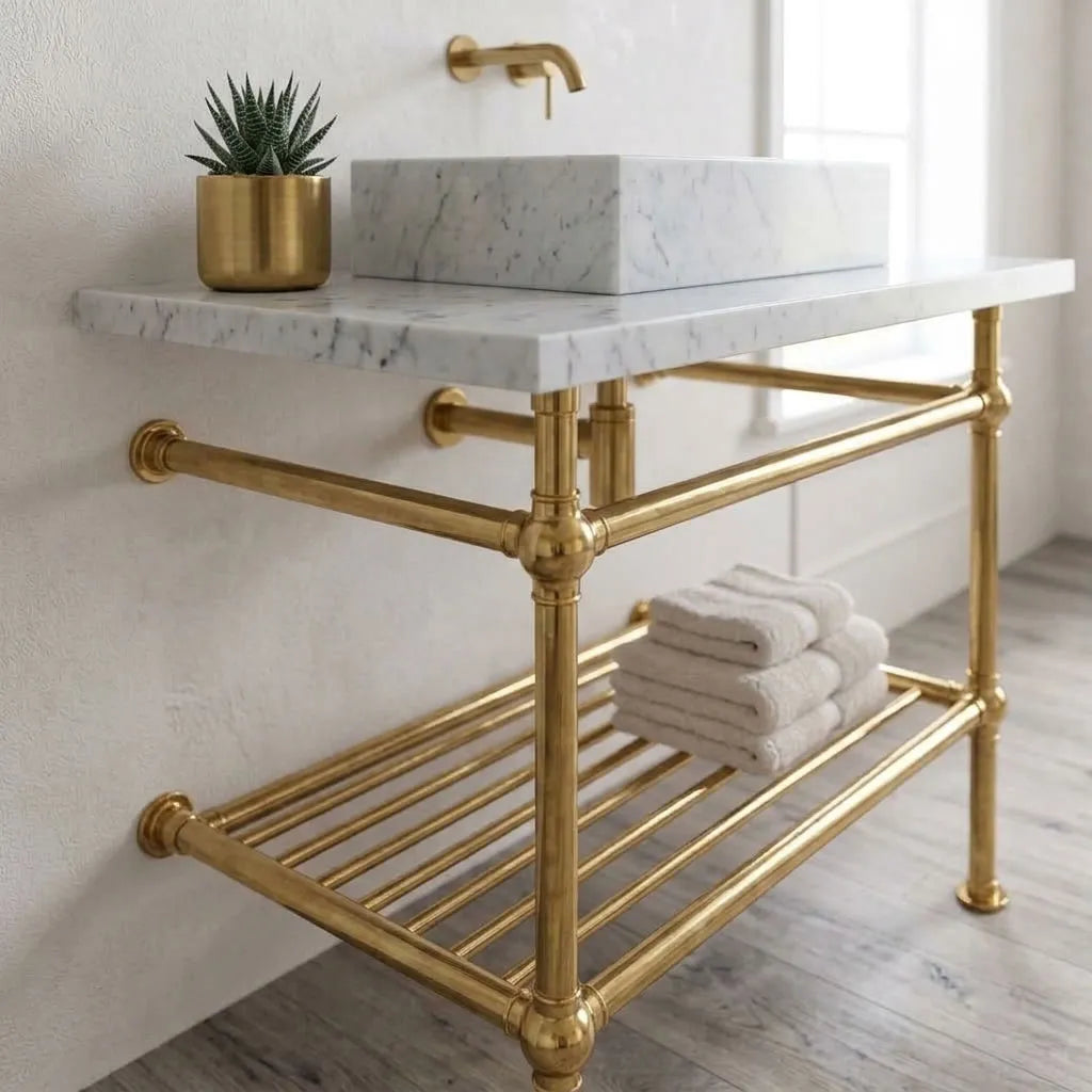 Wall-Supported Solid Brass Console Vanity Legs with Lower Shelf – Bathroom Sink Stand
