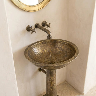 Freestanding Vintage Patina Brass Pedestal Sink - Handmade Old-World Bathroom SinkFreestanding Vintage Brass Pedestal Sink | Handmade Bathroom Basin