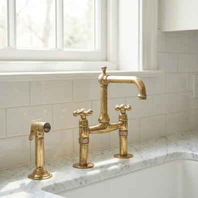 Old-World Unlacquered Brass Bridge Faucet With Traditional DesignOld-World Unlacquered Brass Bridge Kitchen Faucet | Traditional Tap
