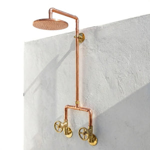 Handcrafted Copper Rainfall Outdoor Shower System with Dual Handle Valves - Wall Mounted Rustic Luxury Garden Shower FixtureHandcrafted Copper Outdoor Rainfall Shower System 