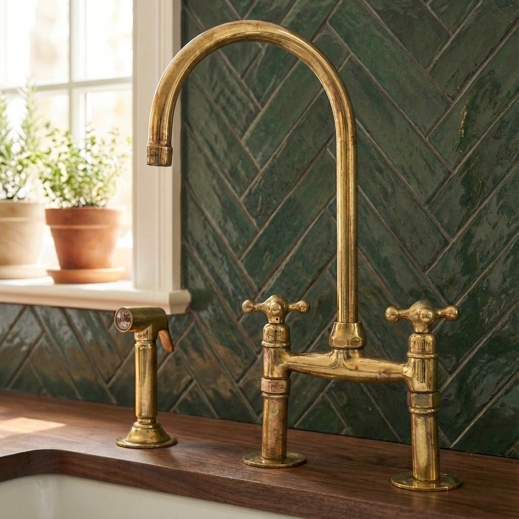 Traditional High-Arc Unlacquered Brass Bridge Kitchen Faucet - Zayian