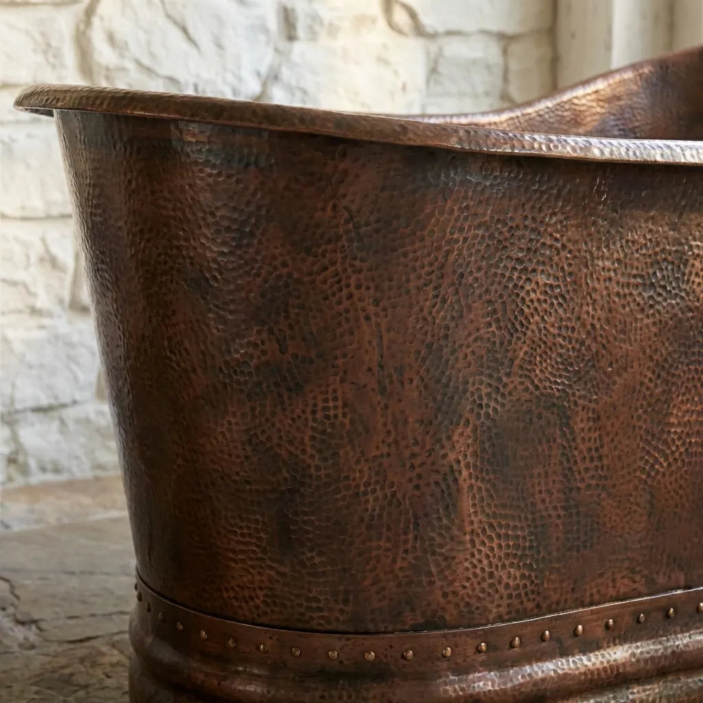 Vintage Hammered Copper Freestanding Bathtub - Rustic Farmhouse Soaking TubVintage Hammered Copper Freestanding Bathtub 