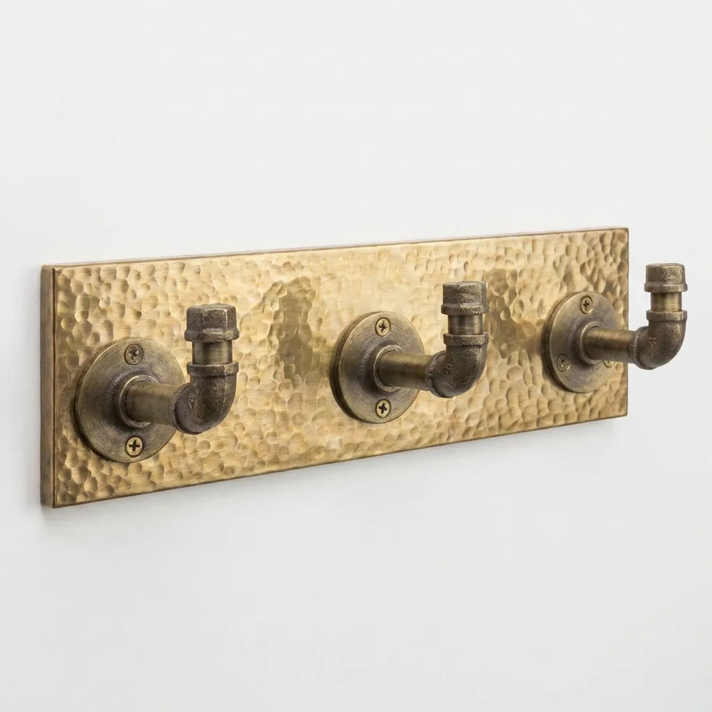 Antique Brass Pipe Coat & Towel Hooks on Hammered Backplate