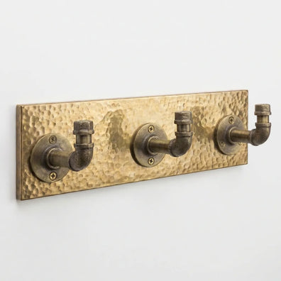 Antique Brass Pipe Coat & Towel Hooks on Hammered BackplateAntique Brass Pipe Coat & Towel Hooks on Hammered Backplate