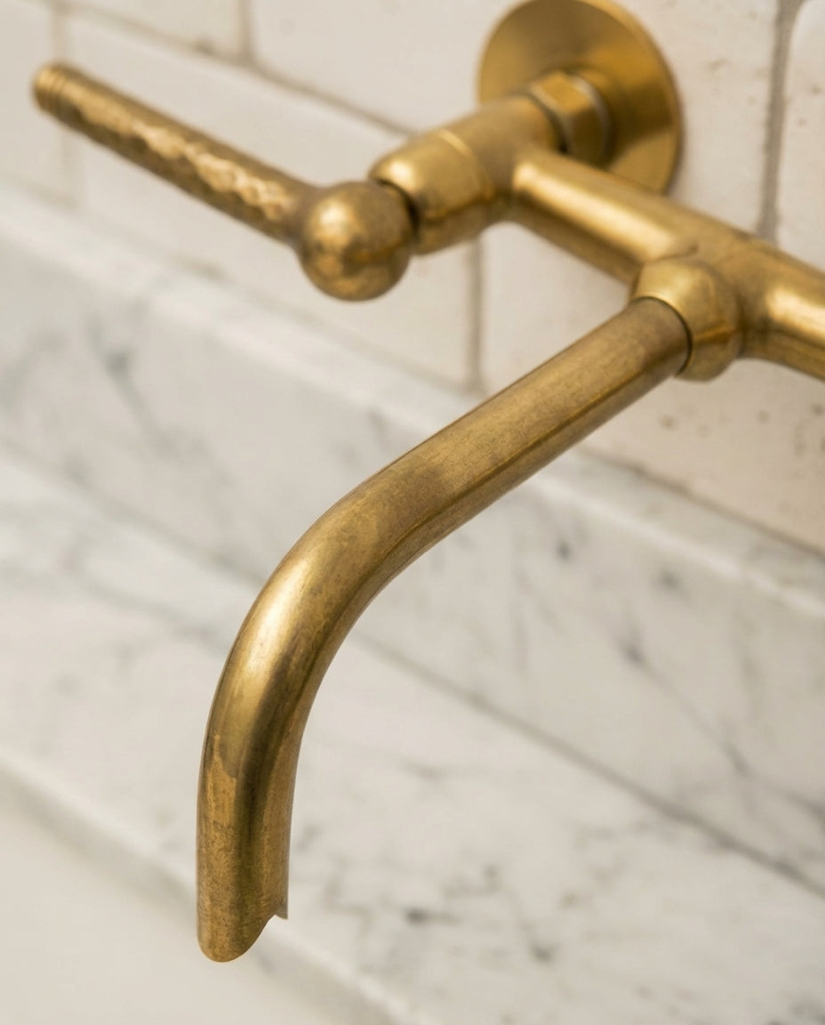 Unlacquered Brass Wall Faucet – Hammered Lever Handle Basin Mixer - Zayian