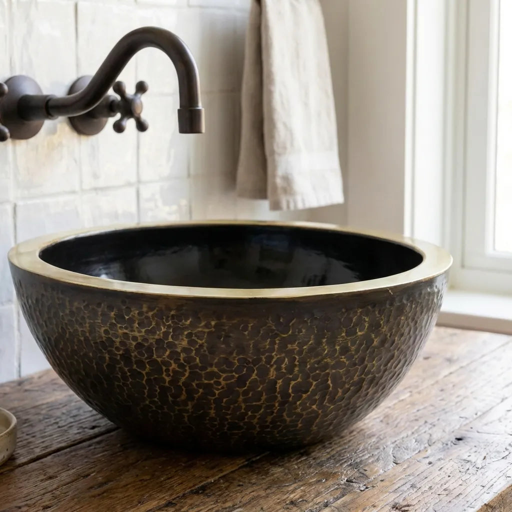 Luxury Hand-Hammered Black Brass Vessel Sink – Round Bathroom Basin
