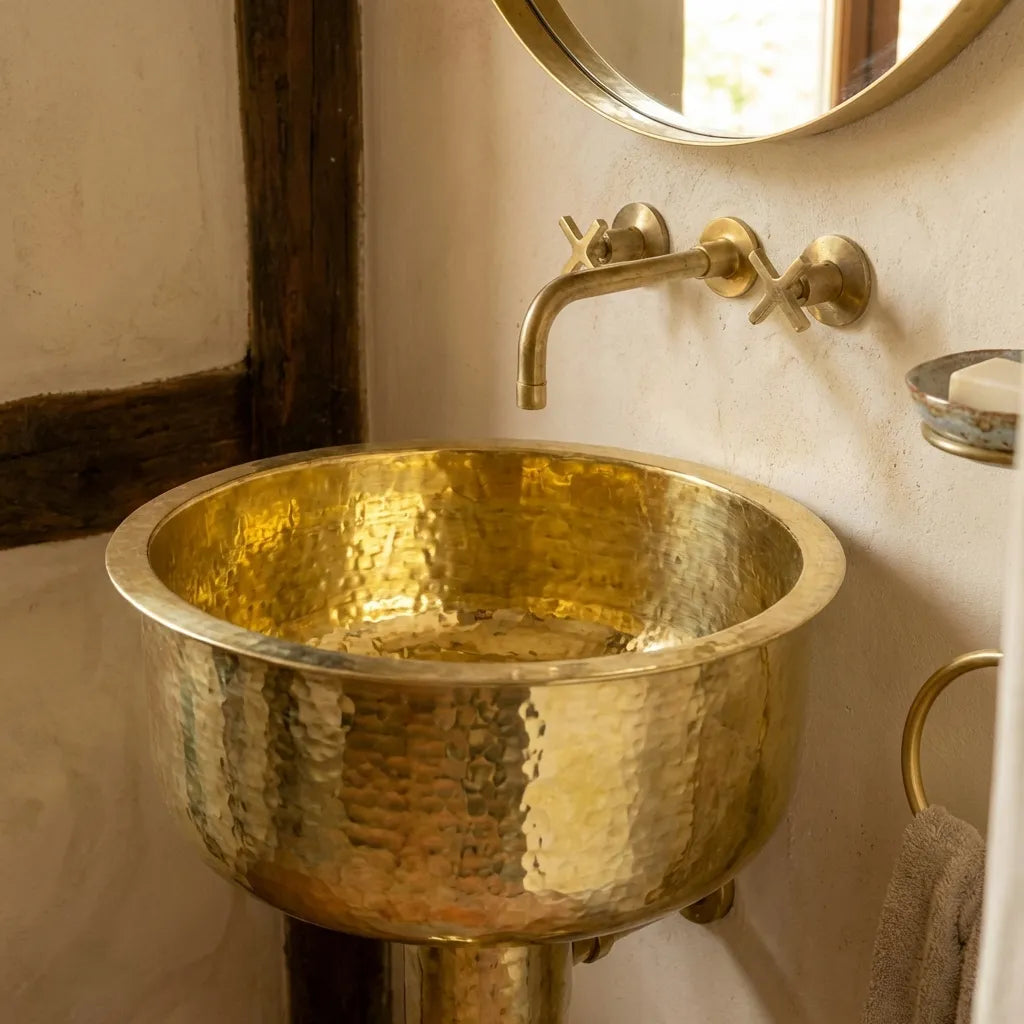 pedestal bathroom sink

freestanding brass sink

small powder room sink

luxury bathroom sink

designer brass sink