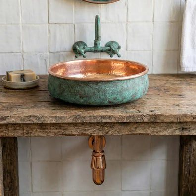 Hammered Copper Vessel Sink - Oxidized Verdigris Bathroom BasinHandmade Copper Clawfoot Bathtub - Verdigris Freestanding Luxury Tub