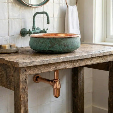 Hammered Copper Vessel Sink - Oxidized Verdigris Bathroom BasinHandmade Copper Clawfoot Bathtub - Verdigris Freestanding Luxury Tub