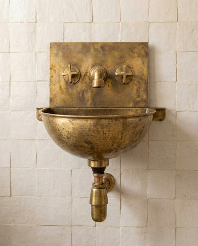 Vintage Brass Wall Mounted Sink with Unlacquered Brass FaucetVintage Brass Wall Mounted Sink with Unlacquered Brass Faucet 