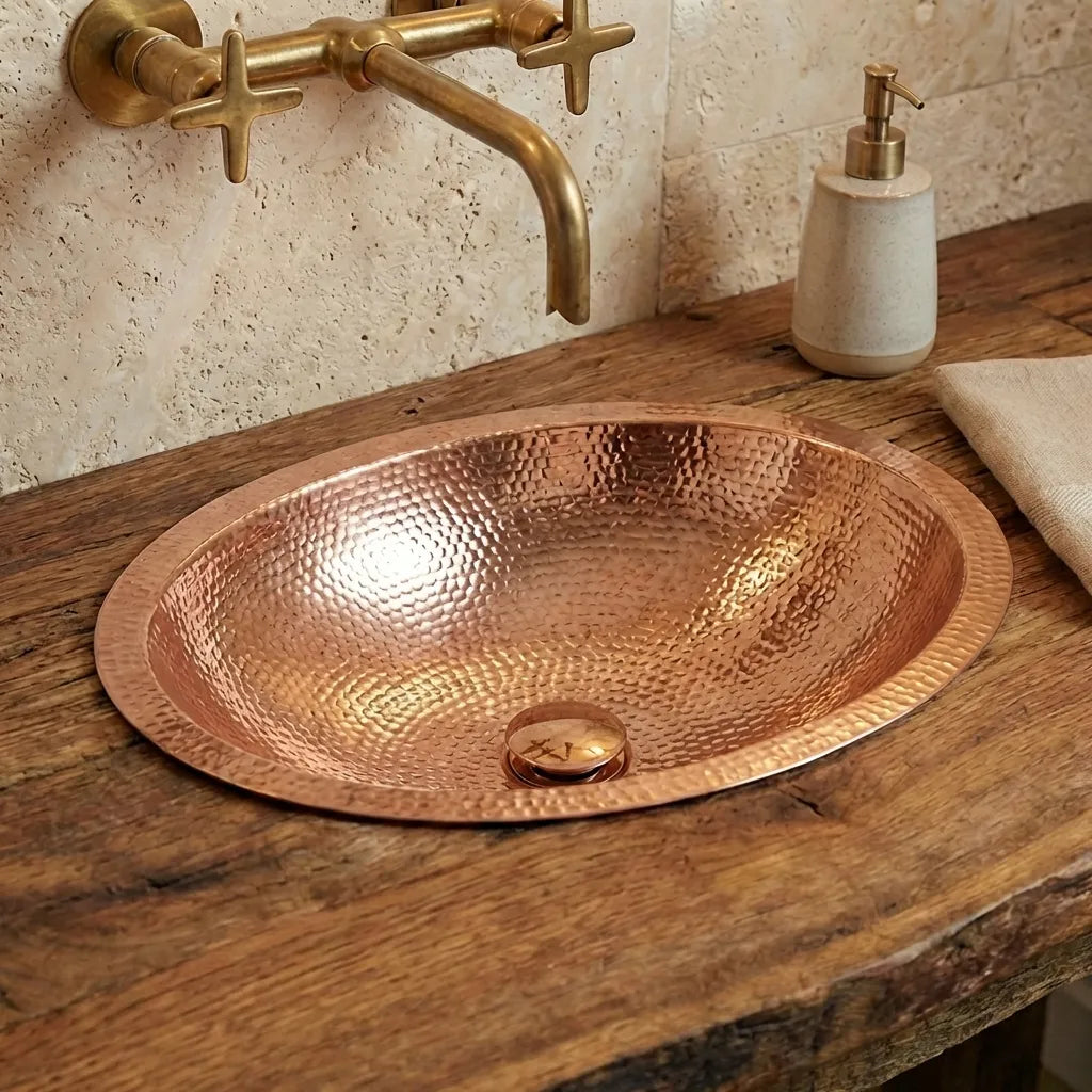 Hammered Oval Copper Vessel Sink – Handmade Drop-In Bathroom Basin
