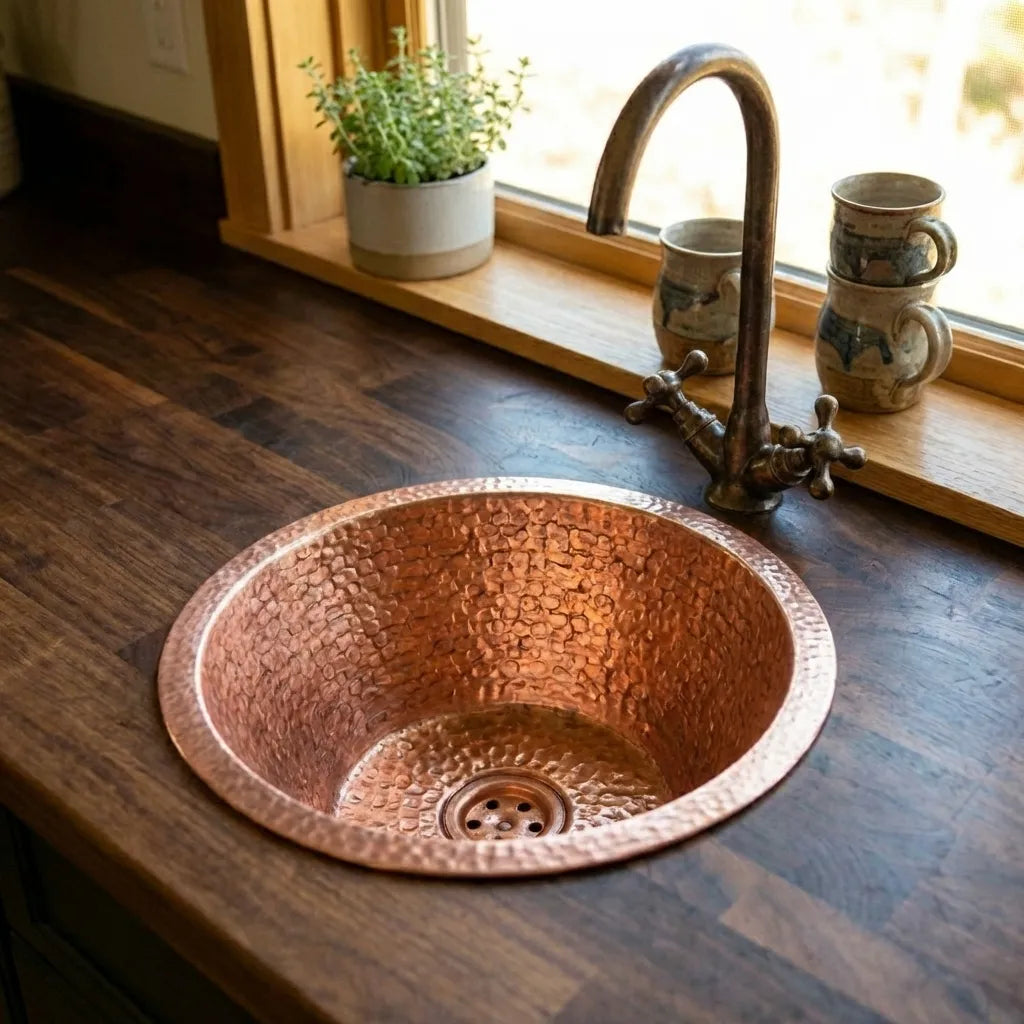 Round kitchen Sink, Hammered Copper Round Drum Bar Sink Including Drain