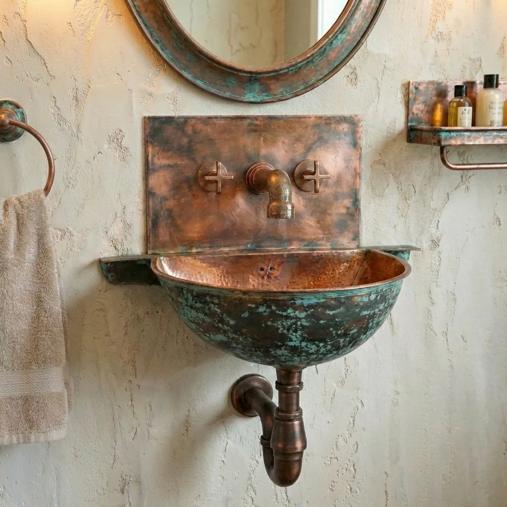 Oxidized Copper Wall Mounted Bathroom Sink With Mixer Faucet