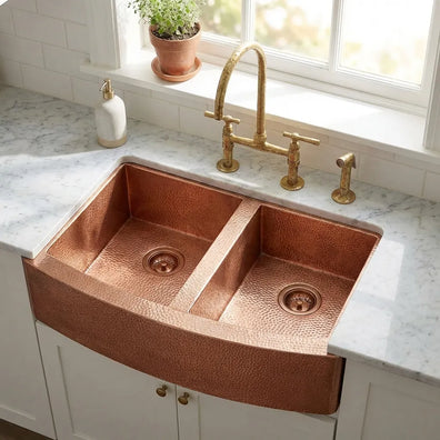 Double-Bowl Hammered Copper Farmhouse Kitchen Sink - KovaDouble-Bowl Hammered Copper Farmhouse Kitchen Sink - Kova