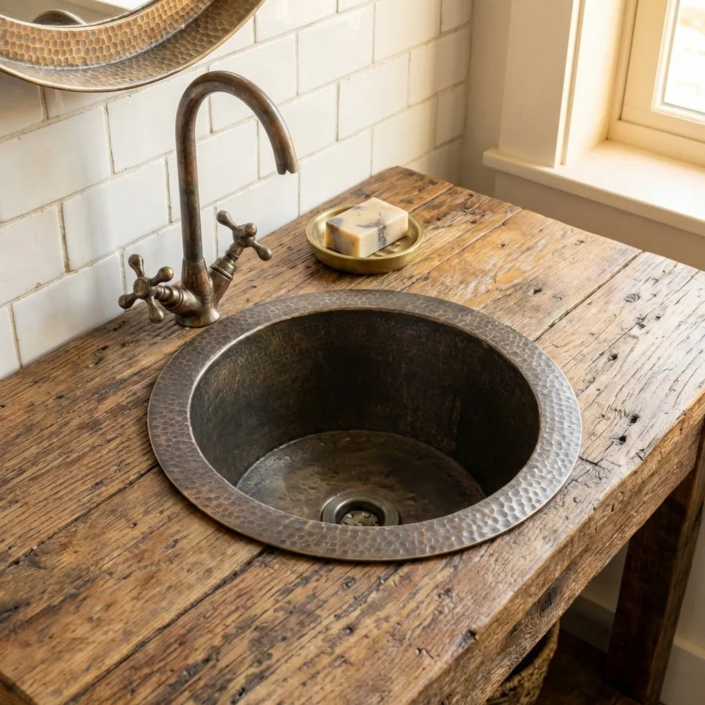 Hammered Copper Bar Sink , Round Bronze Patina Solid Copper Sink