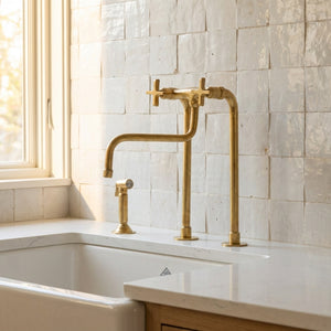 Unlacquered Brass Bridge Kitchen Faucet – Tall Farmhouse Sink Tap with Cross Handles & Sprayer - Zayian