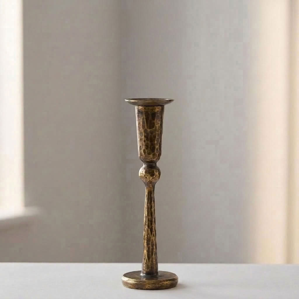 Hammered Solid Brass Flared Taper Candle Holder