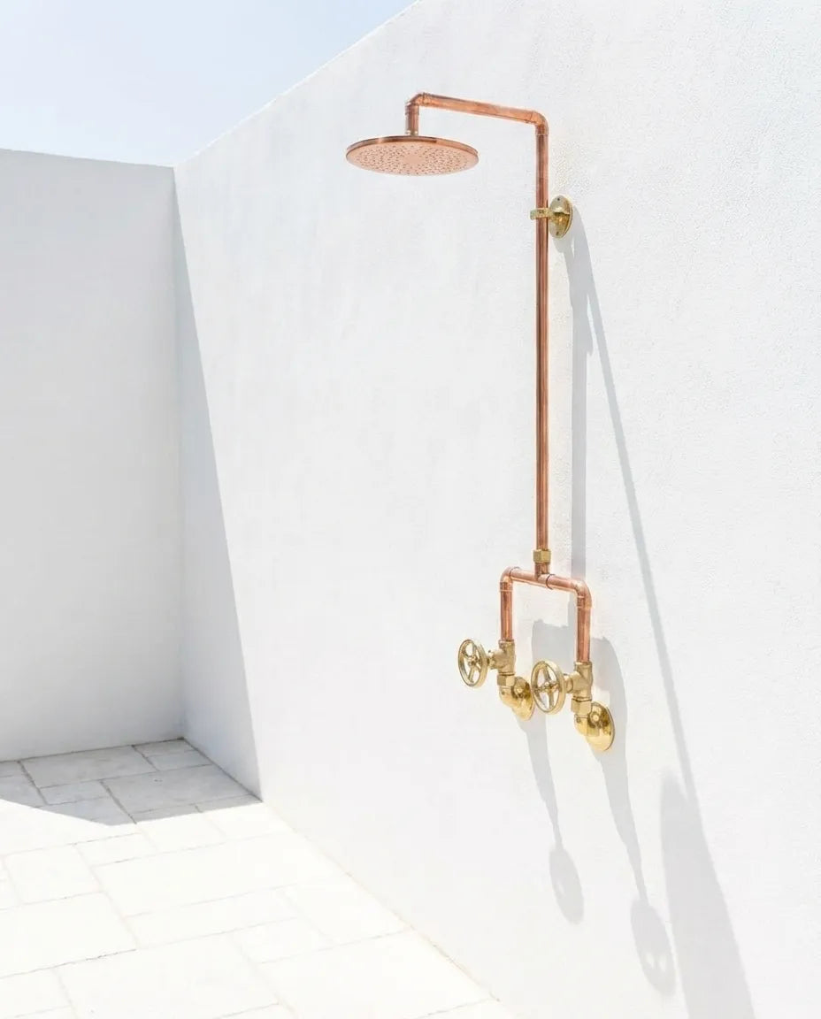 Handcrafted Copper Rainfall Outdoor Shower System with Dual Handle Valves - Wall Mounted Rustic Luxury Garden Shower FixtureHandcrafted Copper Outdoor Rainfall Shower System 