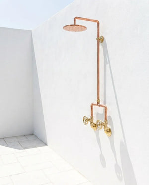 Handcrafted Copper Rainfall Outdoor Shower System with Dual Handle Valves - Wall Mounted Rustic Luxury Garden Shower FixtureHandcrafted Copper Outdoor Rainfall Shower System 
