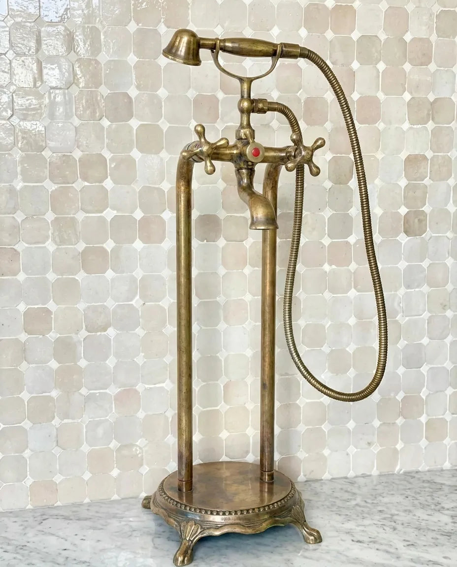 Vintage Antique Brass Freestanding Tub Filler with Handheld Shower – Solid Brass Floor Mount Bathtub Faucet