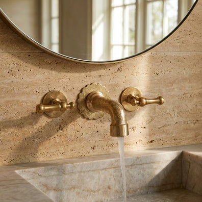 Engraved Brass Wall Faucet Vanity with Lever Handles - Sink TapEngraved Brass Wall Faucet Vanity with Lever Handles - Sink Tap