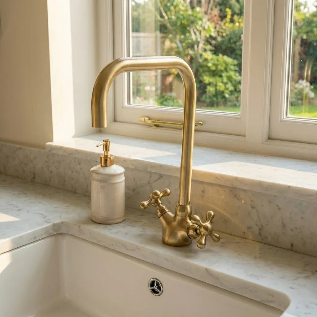 Solid Brass Gooseneck Bathroom Faucet Single Hole With Cross Handles