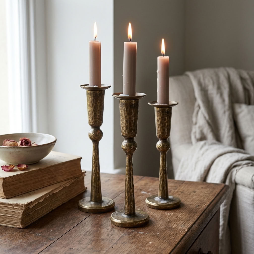 Hammered Solid Brass Flared Taper Candle Holder