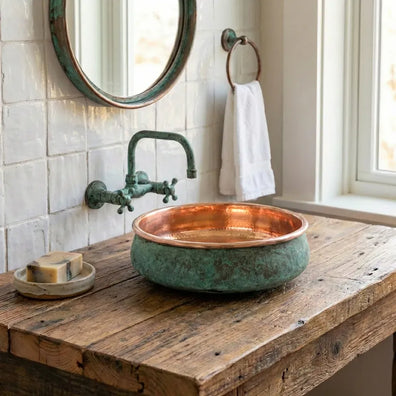 Hammered Copper Vessel Sink - Oxidized Verdigris Bathroom BasinHandmade Copper Clawfoot Bathtub - Verdigris Freestanding Luxury Tub