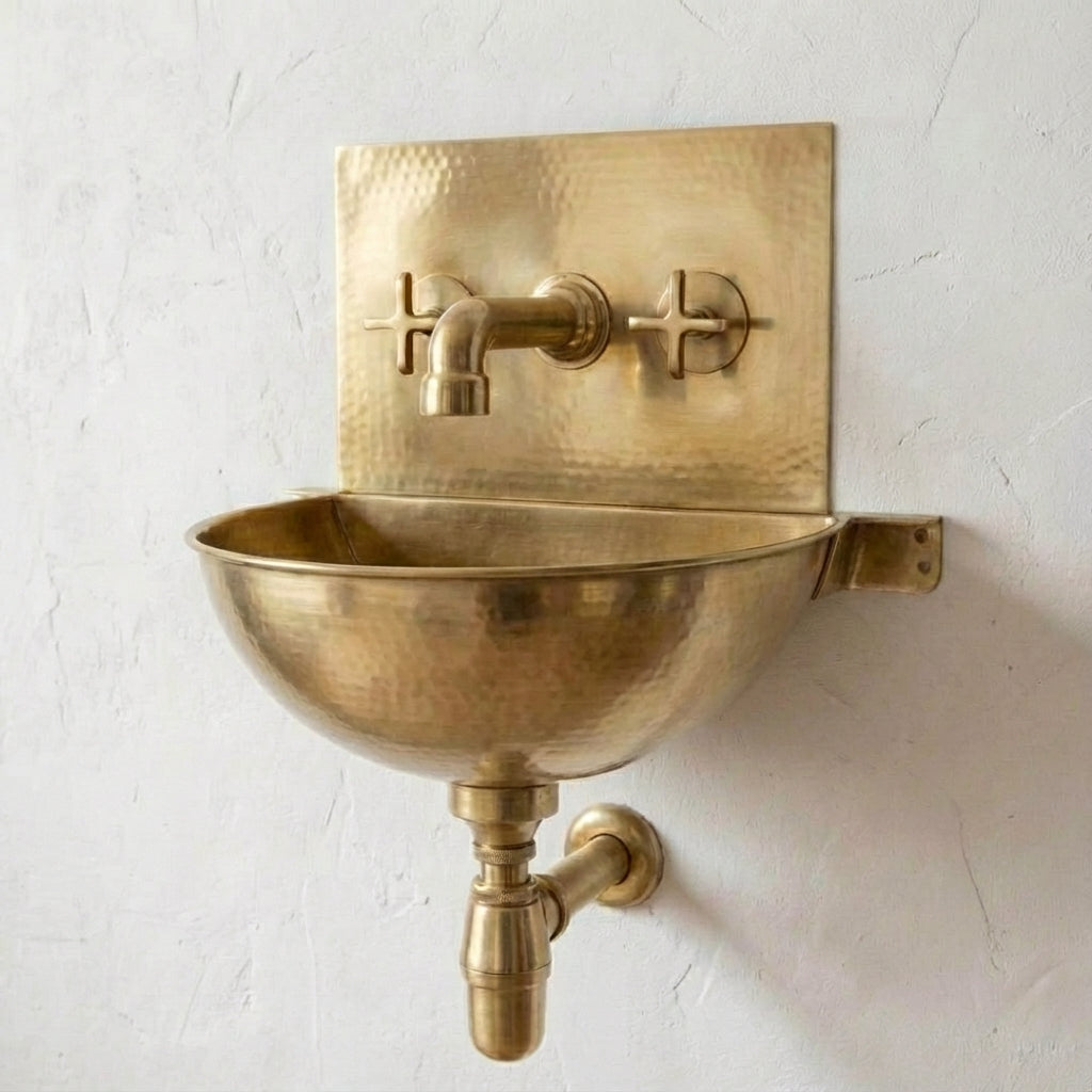 Unlacquered Brass Wall Sink – Hammered Bathroom Basin with Faucet