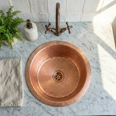 Hand Hammered Antique Copper Bar Sink 14" Hand Hammered 14" Antique Copper Bar Sink with Choice of Drain Receptacle 