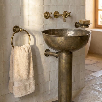 Vintage Hammered Patina Brass Pedestal SinkVintage Hammered Patina Brass Pedestal Sink