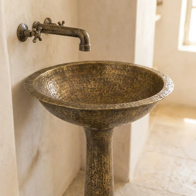 Freestanding Vintage Patina Brass Pedestal Sink - Handmade Old-World Bathroom SinkFreestanding Vintage Brass Pedestal Sink | Handmade Bathroom Basin