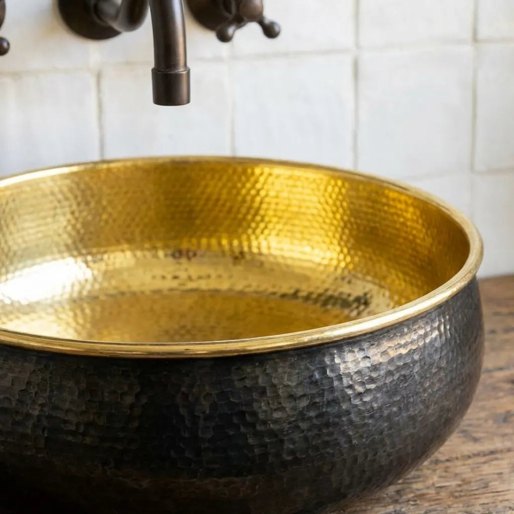 Hand-Hammered Blackened Brass Vessel Sink – Gold Interior Artisan Bathroom Basin