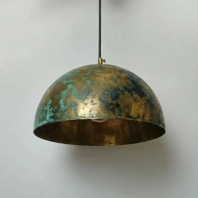 Rustic Brass Pendant Lamp with Green Verdigris Finish - Artisan Ceiling LightRustic Brass Pendant Light with Green Verdigris Finish 