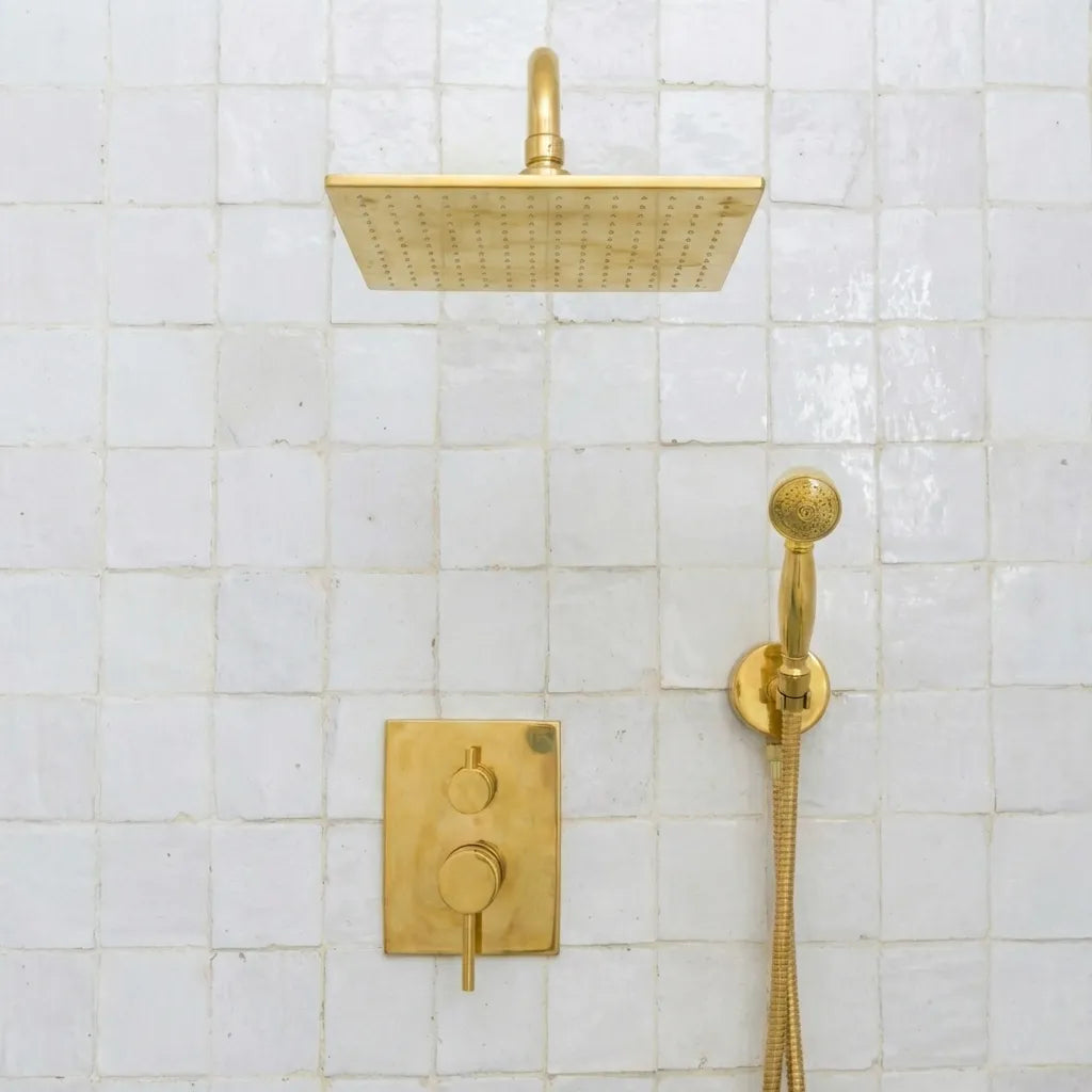 Luxury Unlacquered Brass Rain Shower System - Wall Mounted with Handheld SprayerLuxury Unlacquered Brass Rain Shower System Wall Mounted with Handheld