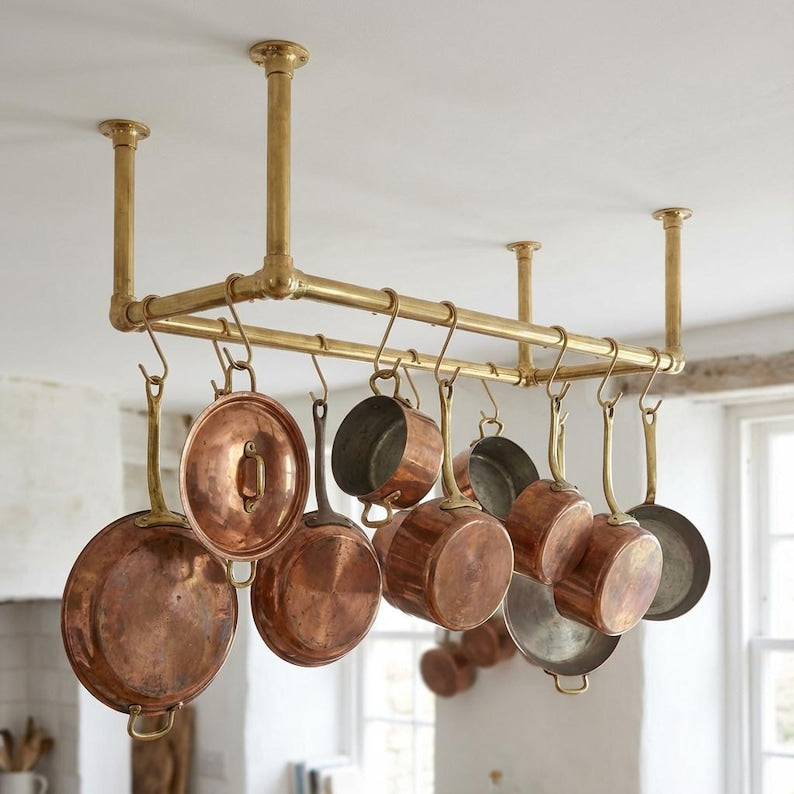 Solid Brass Ceiling Pot Rack – Handmade Hanging Kitchen Rail with Hooks - Zayian
