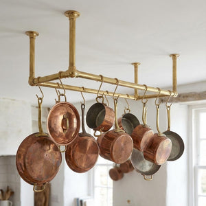 Solid Brass Ceiling Pot Rack – Handmade Hanging Kitchen Rail with Hooks - Zayian